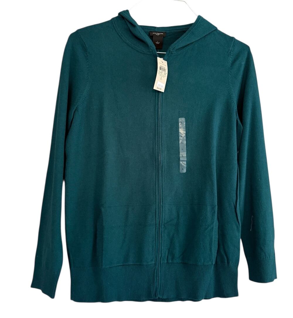 Ann Taylor Large Teal Green Zip Hoodie Lightweight Knit Casual Layering Sweater